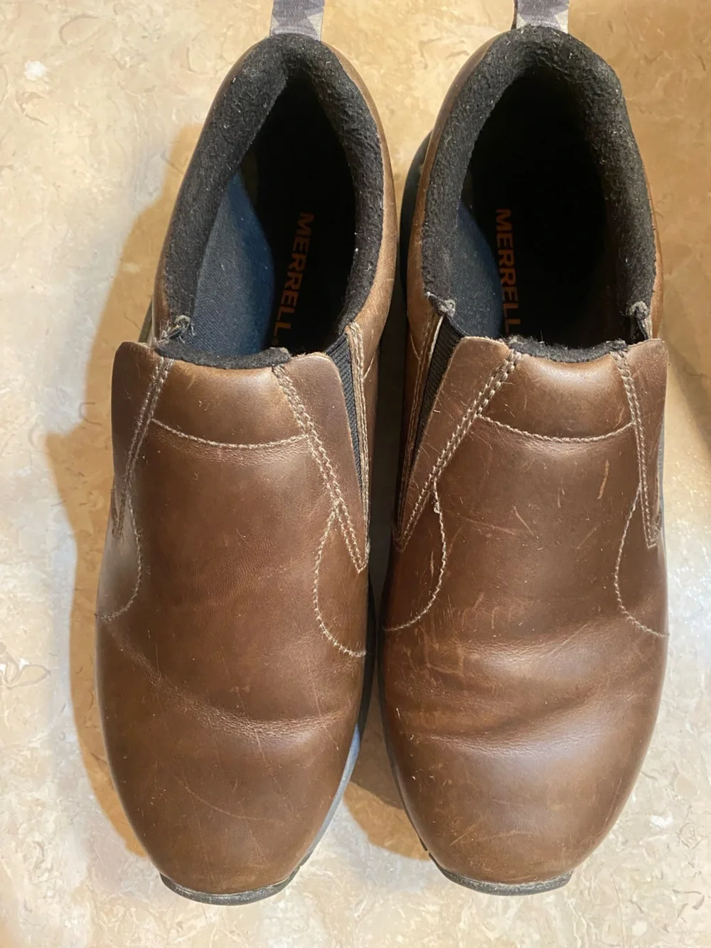 Merrell Brown Leather Slip-On Loafers with Elastic Side Panels